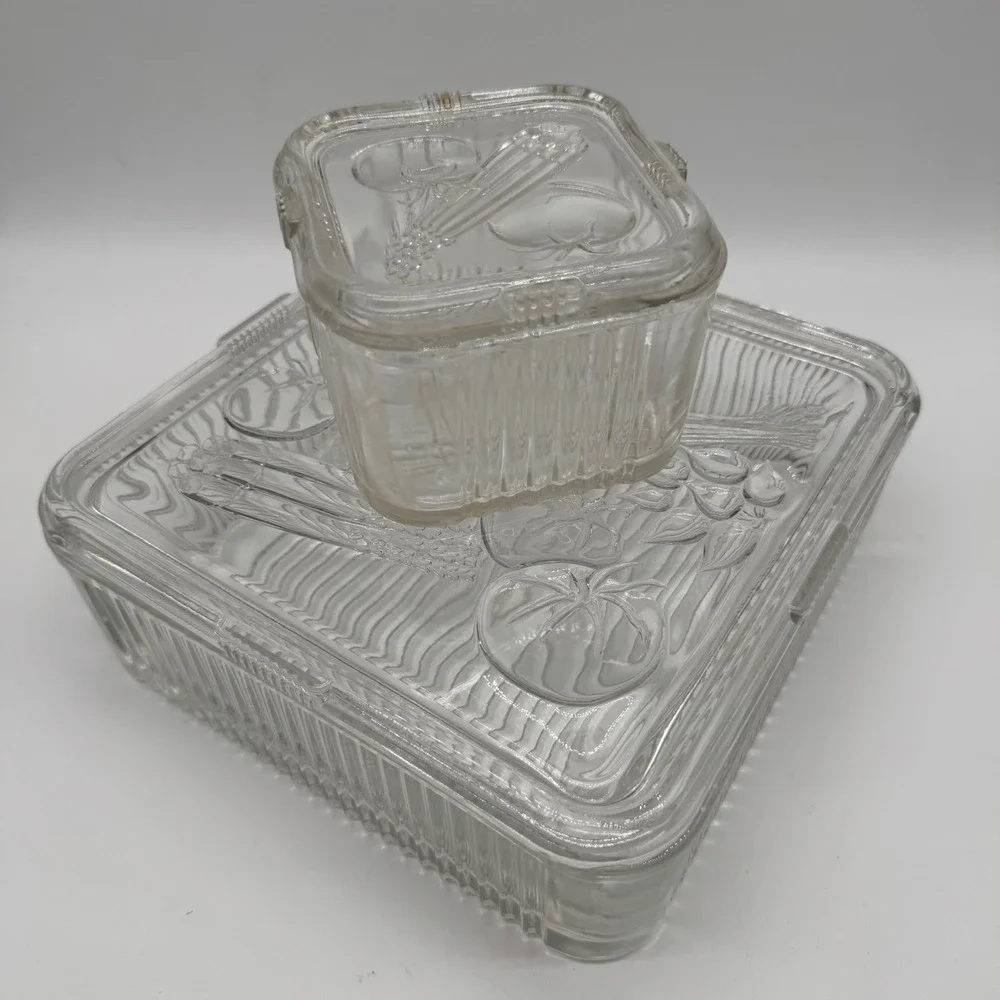 Vintage Federal Glass Refrigerator Dishes Clear Ribbed Vegetable Lid Lot 8x8 4x4